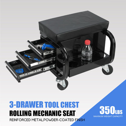 NIGSQJB 3 Drawers Tool Chest Rolling Mechanic Seat 350lbs Capacity