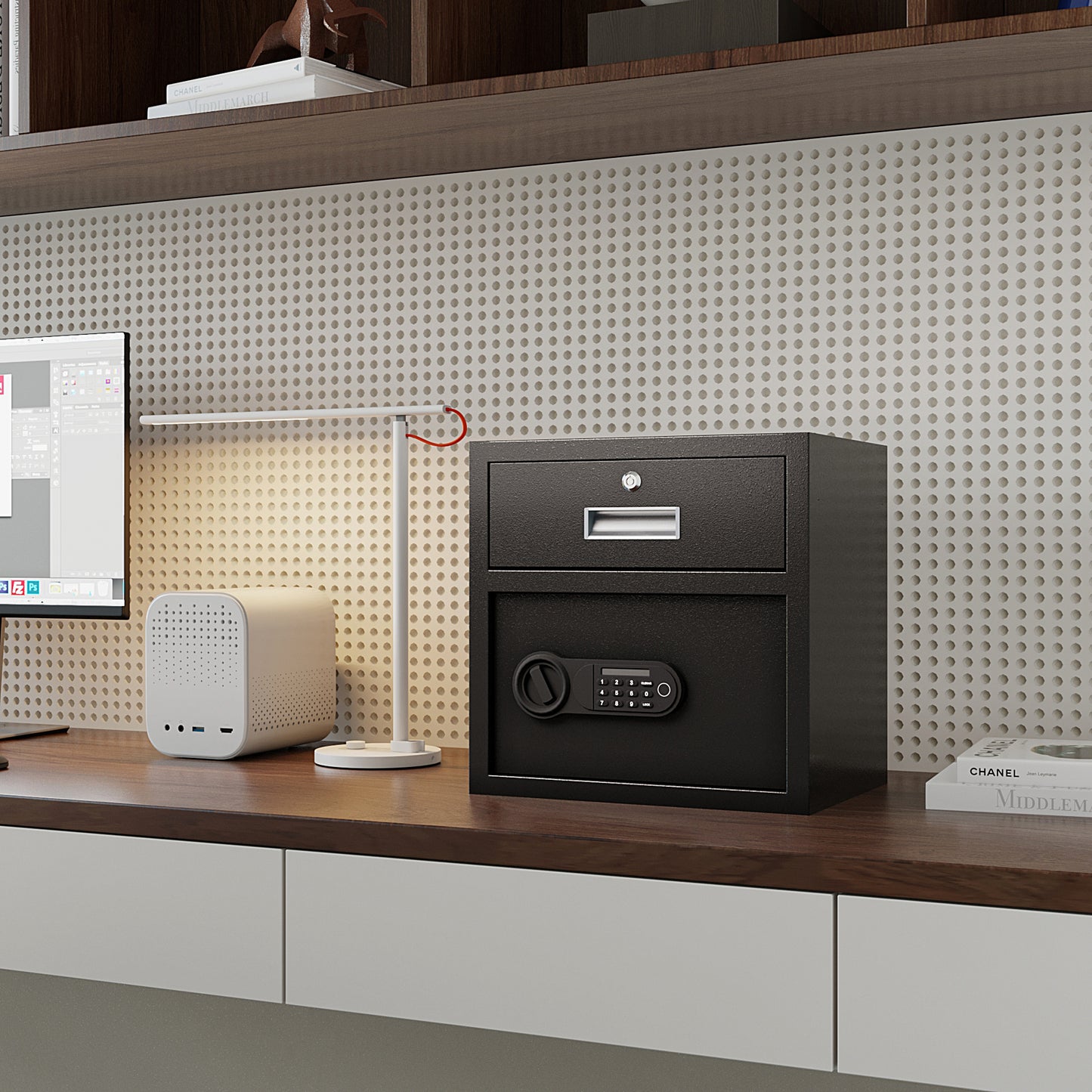 NIGSQJB 1.69 Cubic Feet Storage Cabinet, Steel Safe Box with Drawer & Fingerprint Biometric & 3 Unlock Way, Upgrade Silent & Anti-Theft, LED Light, Safety Box for Home, Office, School, Black