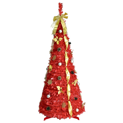 NIGSQJB 6FT Red Pop-Up Christmas Tree with 150 Warm White LED Lights, Ribbons, Bow, Flowers, Snowflakes, Pine Cones & Balls