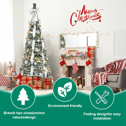 NIGSQJB 7FT Flocked Pop-Up Christmas Tree with 200 Warm White UL Lights, Ornaments, Snowflakes, Ribbons & Large Bow