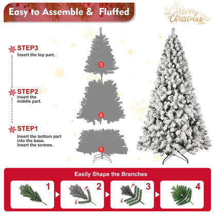 NIGSQJB 5-6-7-8-9ft Flocked Pre-Lit Christmas Tree with UL Warm White Lights & PVC Tips & Auto-Unfold Memory Wire