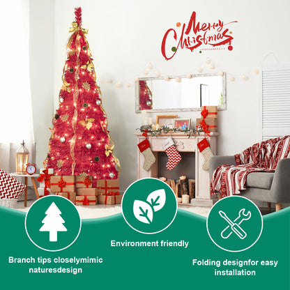 NIGSQJB 6FT Red Pop-Up Christmas Tree with 150 Warm White LED Lights, Ribbons, Bow, Flowers, Snowflakes, Pine Cones & Balls