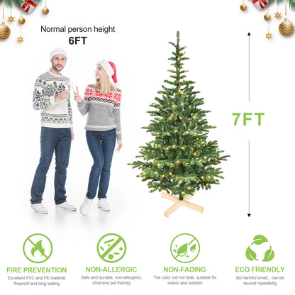 NIGSQJB 5-6-7-8ft Pre-Lit Christmas Tree with Warm White LED & PE+PVC Tips & Unique Wooden Base
