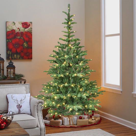 NIGSQJB 5-6-7-8ft Pre-Lit Christmas Tree with Warm White LED & PE+PVC Tips & Unique Wooden Base