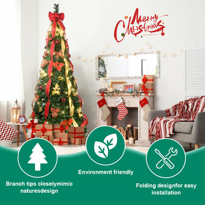 NIGSQJB 6FT Pop-Up Christmas Tree with 150 Warm White UL Lights, Red & Gold Ornaments, Flowers, Ribbons & Bows