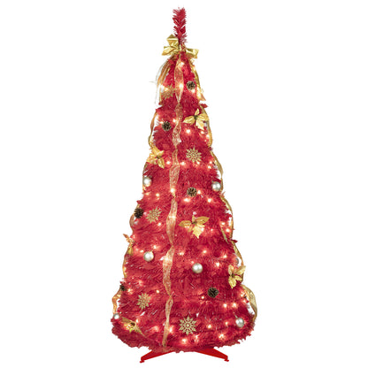 NIGSQJB 6FT Red Pop-Up Christmas Tree with 150 Warm White LED Lights, Ribbons, Bow, Flowers, Snowflakes, Pine Cones & Balls
