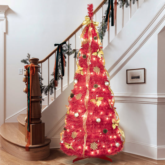 NIGSQJB 6FT Red Pop-Up Christmas Tree with 150 Warm White LED Lights, Ribbons, Bow, Flowers, Snowflakes, Pine Cones & Balls
