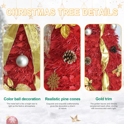 NIGSQJB 6FT Red Pop-Up Christmas Tree with 150 Warm White LED Lights, Ribbons, Bow, Flowers, Snowflakes, Pine Cones & Balls