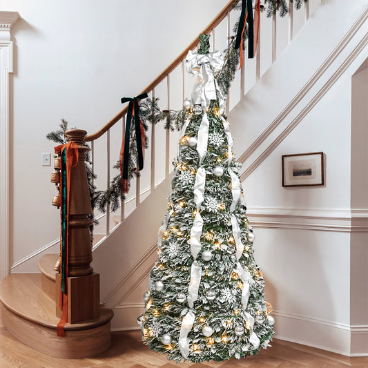 NIGSQJB 6FT Flocked Pop-Up Christmas Tree with 150 Warm White UL Lights, Ornaments, Snowflakes, Ribbons & Large Bow