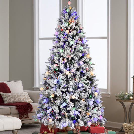 NIGSQJB 7.5-8ft Flocked Christmas Tree with Colorful LED Lights G5 Ball