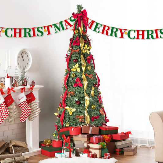 NIGSQJB 6FT Pop-Up Christmas Tree with 150 Warm White UL Lights, Red & Gold Ornaments, Flowers, Ribbons & Bows