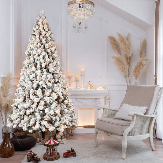 NIGSQJB 5-6-7-8-9ft Flocked Pre-Lit Christmas Tree with UL Warm White Lights & PVC Tips & Auto-Unfold Memory Wire
