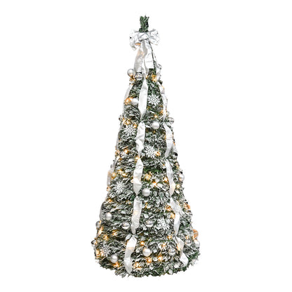 NIGSQJB 7FT Flocked Pop-Up Christmas Tree with 200 Warm White UL Lights, Ornaments, Snowflakes, Ribbons & Large Bow