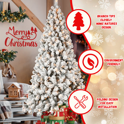 NIGSQJB 5-6-7-8-9ft Flocked Pre-Lit Christmas Tree with UL Warm White Lights & PVC Tips & Auto-Unfold Memory Wire
