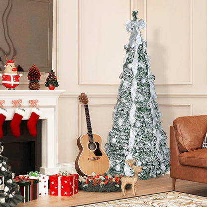 NIGSQJB 7FT Flocked Pop-Up Christmas Tree with 200 Warm White UL Lights, Ornaments, Snowflakes, Ribbons & Large Bow
