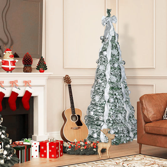 NIGSQJB 7FT Flocked Pop-Up Christmas Tree with 200 Warm White UL Lights, Ornaments, Snowflakes, Ribbons & Large Bow
