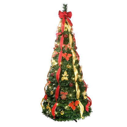 NIGSQJB 6FT Pop-Up Christmas Tree with 150 Warm White UL Lights, Red & Gold Ornaments, Flowers, Ribbons & Bows