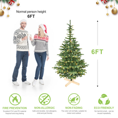 NIGSQJB 5-6-7-8ft Pre-Lit Christmas Tree with Warm White LED & PE+PVC Tips & Unique Wooden Base