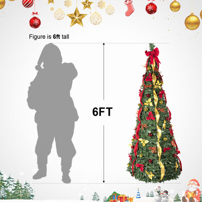 NIGSQJB 6FT Pop-Up Christmas Tree with 150 Warm White UL Lights, Red & Gold Ornaments, Flowers, Ribbons & Bows
