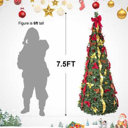 NIGSQJB 7.5FT Pop-Up Christmas Tree with 200 Warm White UL Lights, Red & Gold Ornaments, Flowers, Ribbons & Bows