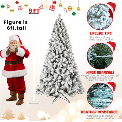 NIGSQJB 5-6-7-8-9ft Flocked Pre-Lit Christmas Tree with UL Warm White Lights & PVC Tips & Auto-Unfold Memory Wire