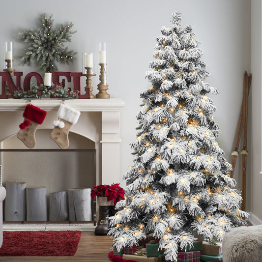 NIGSQJB 5-6-7-8ft Flocked Scarecrow-Shaped Christmas Tree with Warm White LED & PVC Tips & Memory Wire