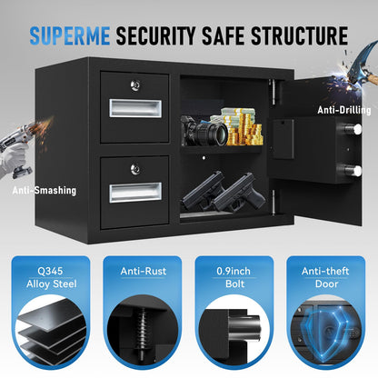 NIGSQJB 1.85 Cubic Ft Storage Locker for Home Office, Steel Safe Box with Fingerprint Biometric, 2 Drawer, 3 Unlock Way, Upgrade Silent & Anti-Theft, LED Light, Safety Box for Money, Jewelry, Black