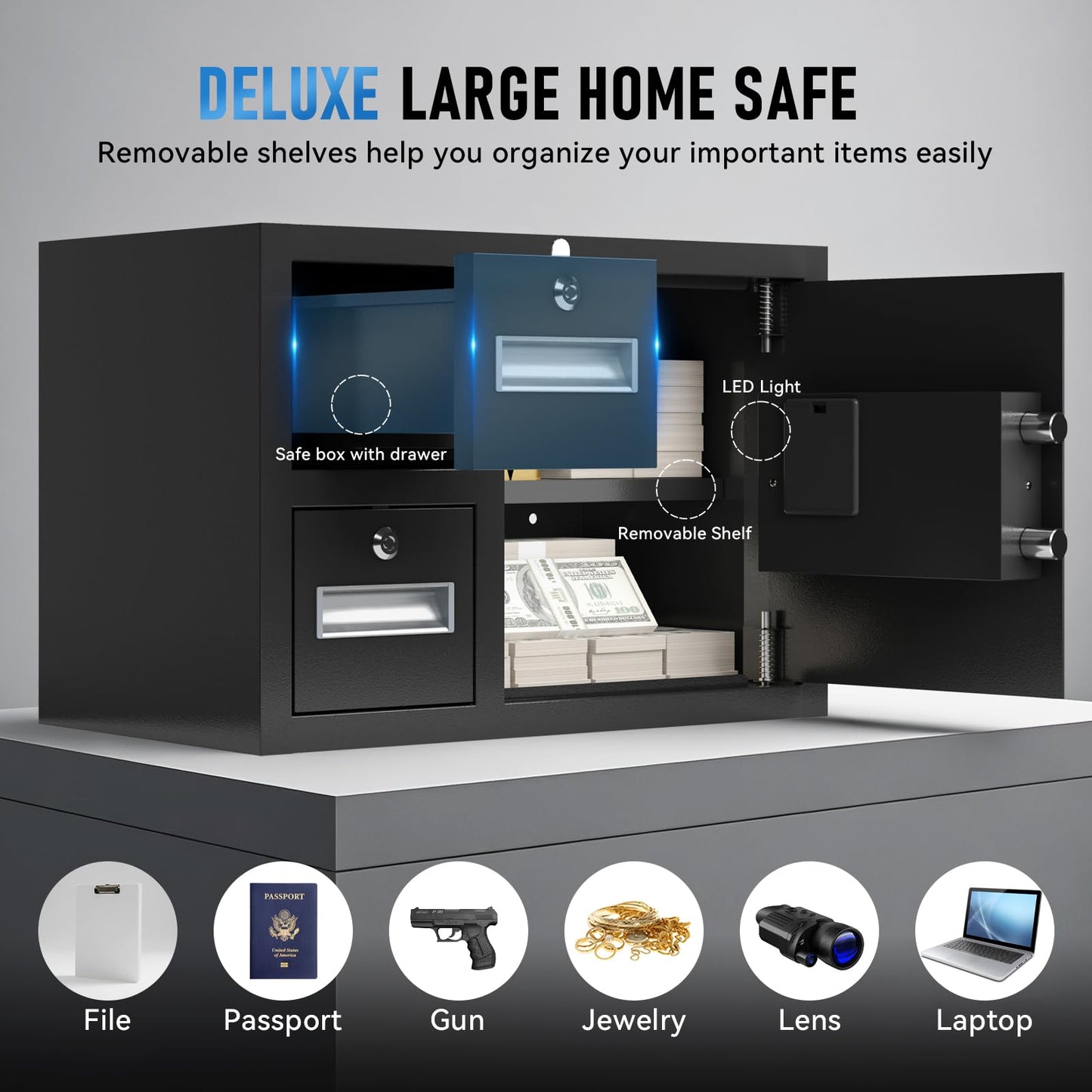 NIGSQJB 1.85 Cubic Ft Storage Locker for Home Office, Steel Safe Box with Fingerprint Biometric, 2 Drawer, 3 Unlock Way, Upgrade Silent & Anti-Theft, LED Light, Safety Box for Money, Jewelry, Black