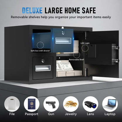 NIGSQJB 1.85 Cubic Ft Storage Locker for Home Office, Steel Safe Box with Fingerprint Biometric, 2 Drawer, 3 Unlock Way, Upgrade Silent & Anti-Theft, LED Light, Safety Box for Money, Jewelry, Black