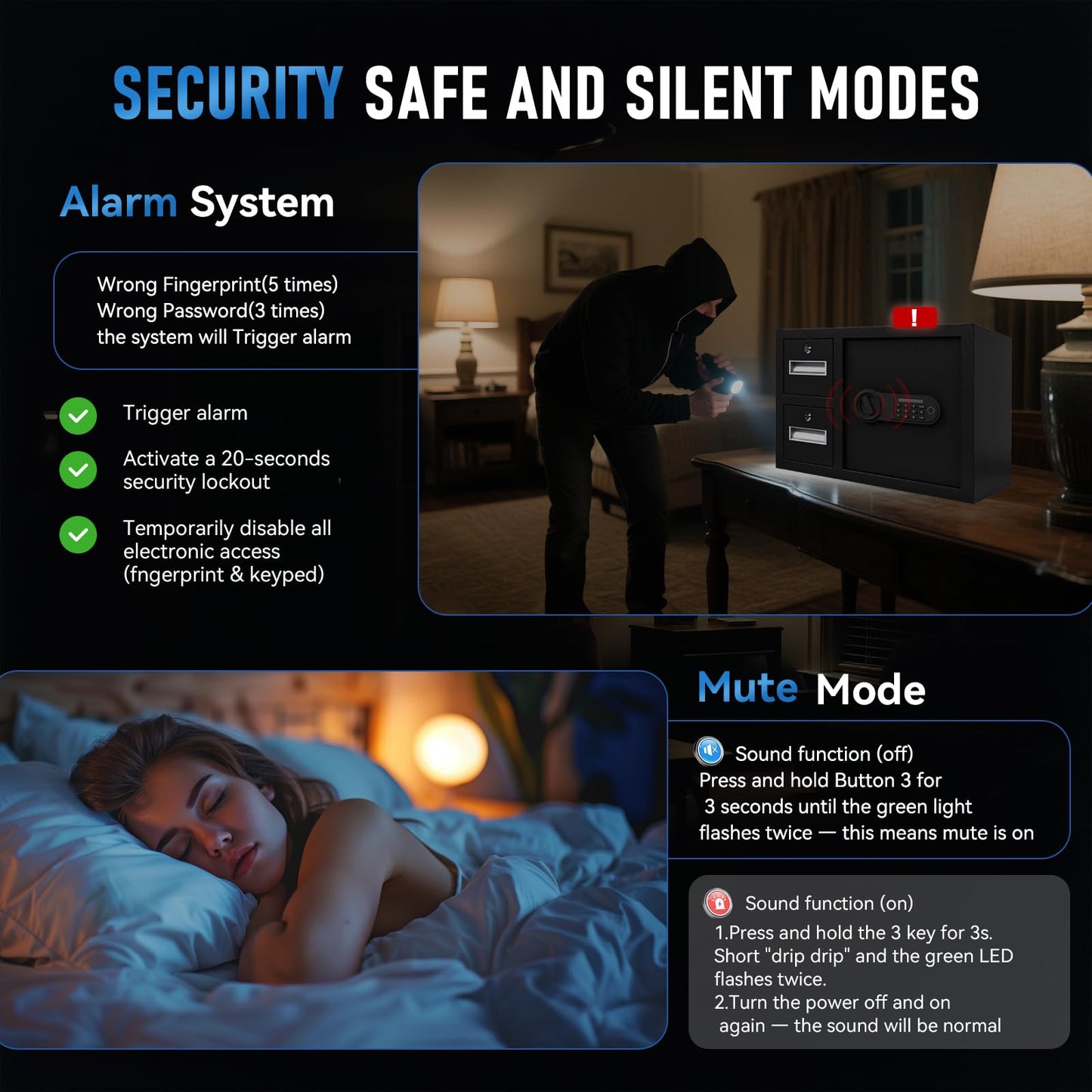 NIGSQJB 1.85 Cubic Ft Storage Locker for Home Office, Steel Safe Box with Fingerprint Biometric, 2 Drawer, 3 Unlock Way, Upgrade Silent & Anti-Theft, LED Light, Safety Box for Money, Jewelry, Black