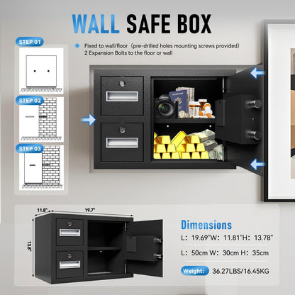 NIGSQJB 1.85 Cubic Ft Storage Locker for Home Office, Steel Safe Box with Fingerprint Biometric, 2 Drawer, 3 Unlock Way, Upgrade Silent & Anti-Theft, LED Light, Safety Box for Money, Jewelry, Black