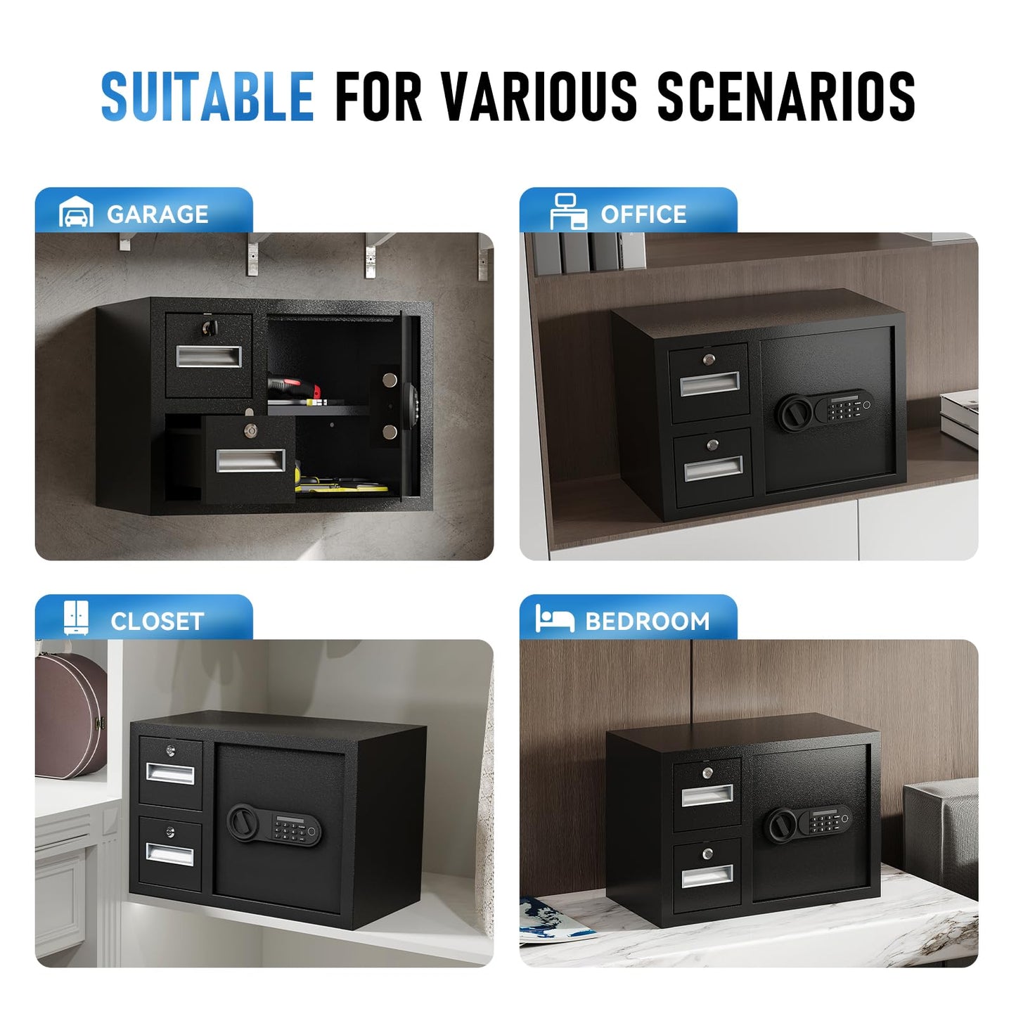 NIGSQJB 1.85 Cubic Ft Storage Locker for Home Office, Steel Safe Box with Fingerprint Biometric, 2 Drawer, 3 Unlock Way, Upgrade Silent & Anti-Theft, LED Light, Safety Box for Money, Jewelry, Black